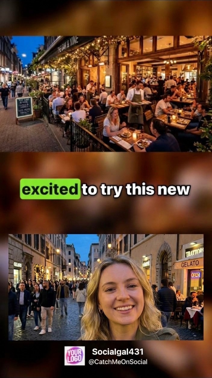 Example Photo Relato video: a busy outdoor restaurant at dusk, a word-by-word caption reading “excited to try this new”, and the creator smiling on camera above a custom logo and social handle