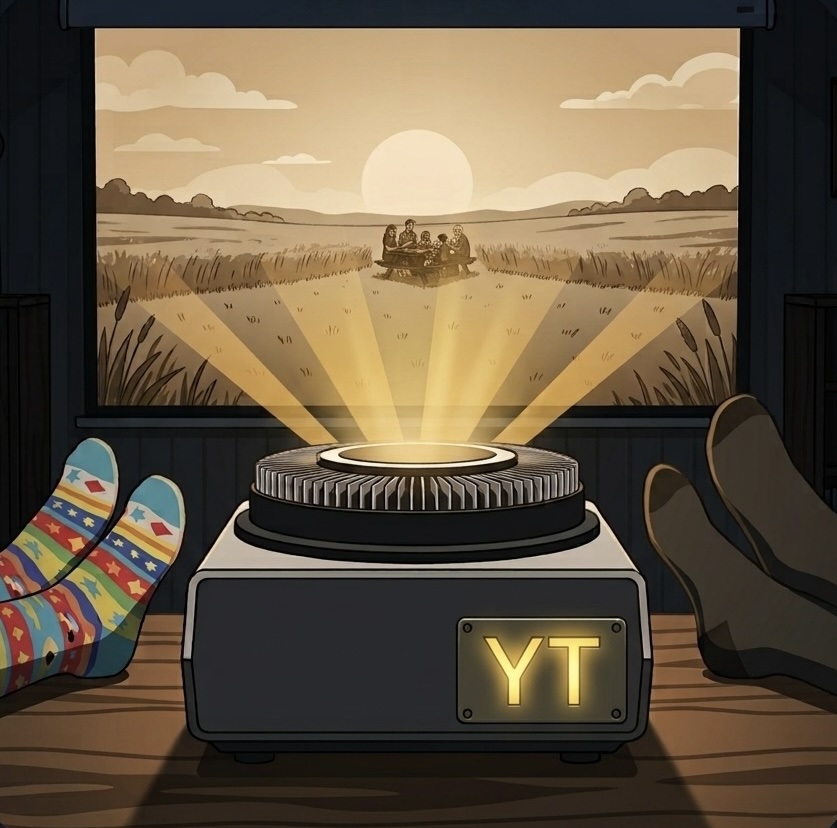 Illustration: a slide projector with a glowing YT badge beams a family picnic onto a screen while two pairs of socked feet rest beside it